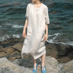 Linen Midi Dress Timeless Comfort for Beach Walks F699