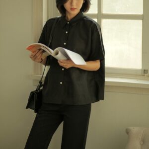 Linen Shirt Short Sleeves Vintage Minimalist Casual F209