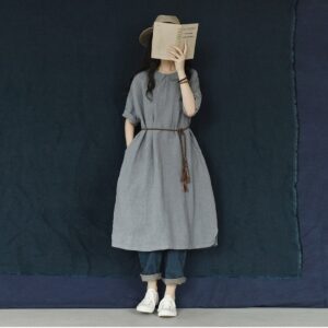 Linen Midi Dress Sunny Afternoon Wear for Beach Walks F258