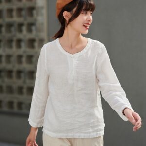 Women s long sleeves linen tops spring oversized white F89