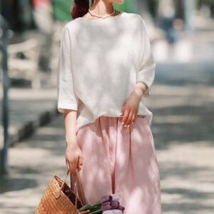 Women s linen top round neck linen shirt custom F282
