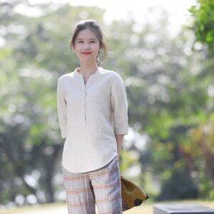 women 100 linen tops spring linen clothing half sleeves F115