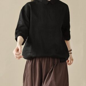 Women s pure linen Tops Loose Linen Shirt Half F09