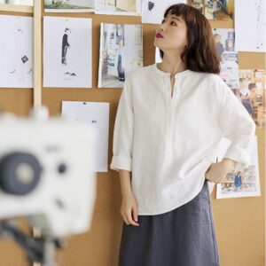 Fall Linen Tops For Women Linen Shirt Loose Casual 719
